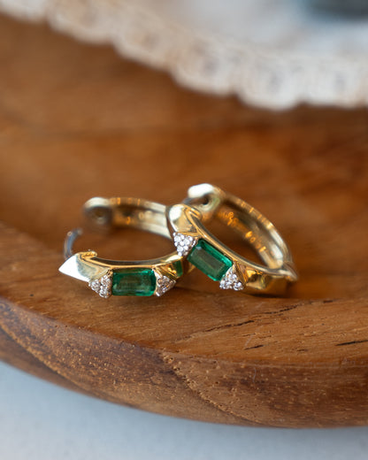 Baguette Emerald & Diamond Hoop Earrings 14k Yellow Gold