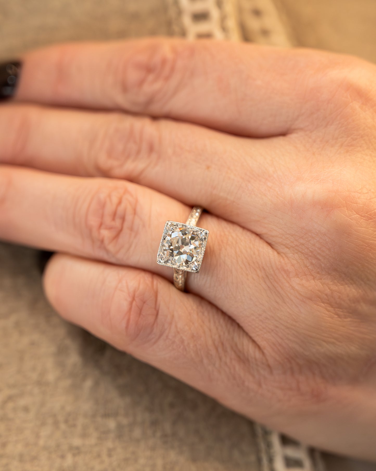 1.42 Antique Old European Diamond Engagement Ring Platinum