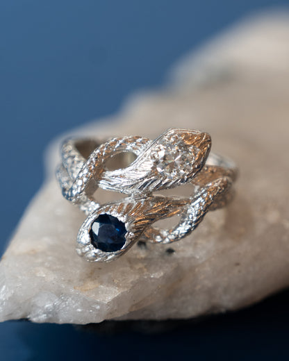 Mens Vintage Deco Two-Headed Snake Ring Platinum