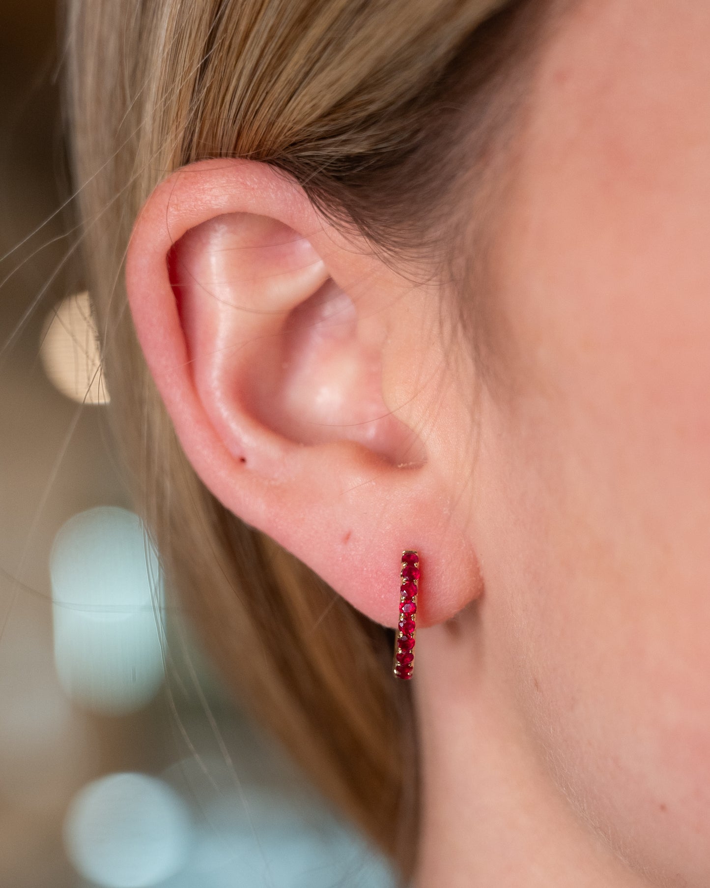 .64 French Set Ruby Hoop Earrings 14k Yellow Gold