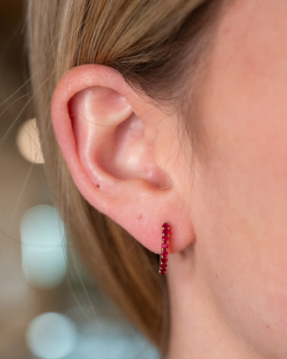 .64 French Set Ruby Hoop Earrings 14k Yellow Gold