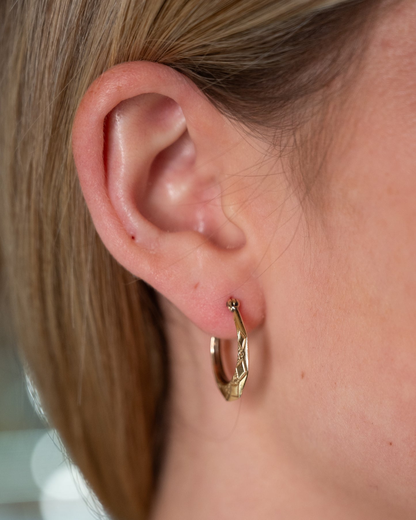 Geometric Engraved Hoop Earrings 14k Yellow Gold