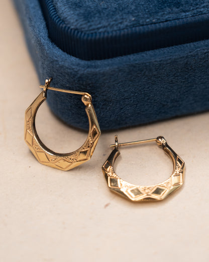 Geometric Engraved Hoop Earrings 14k Yellow Gold