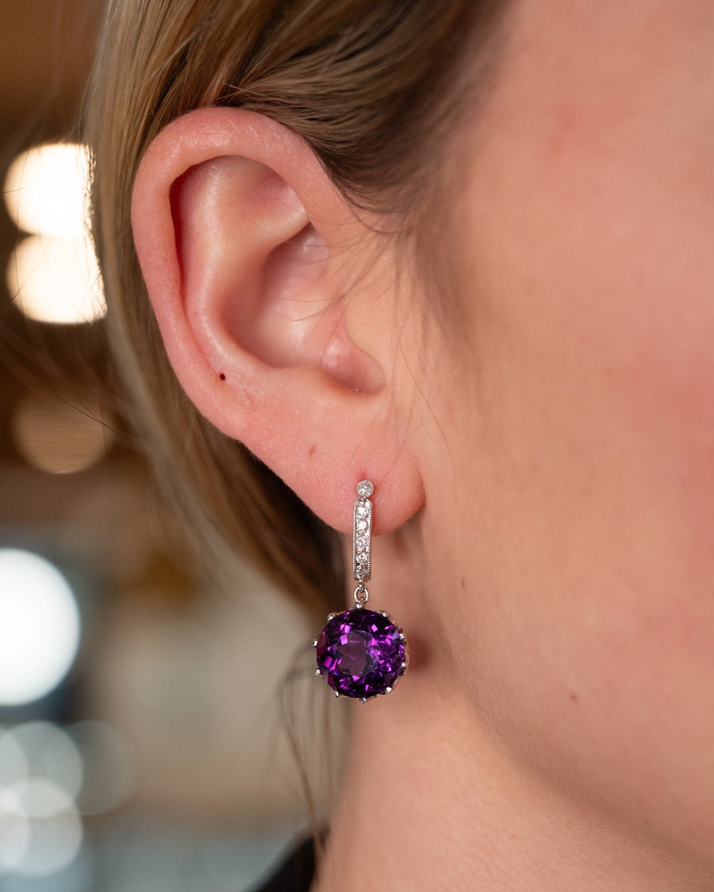 10.44 Amethyst & Diamond Drop Earrings 14k
