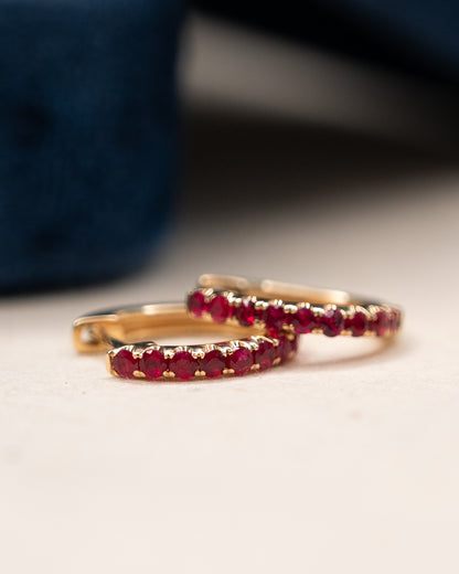 .64 French Set Ruby Hoop Earrings 14k Yellow Gold