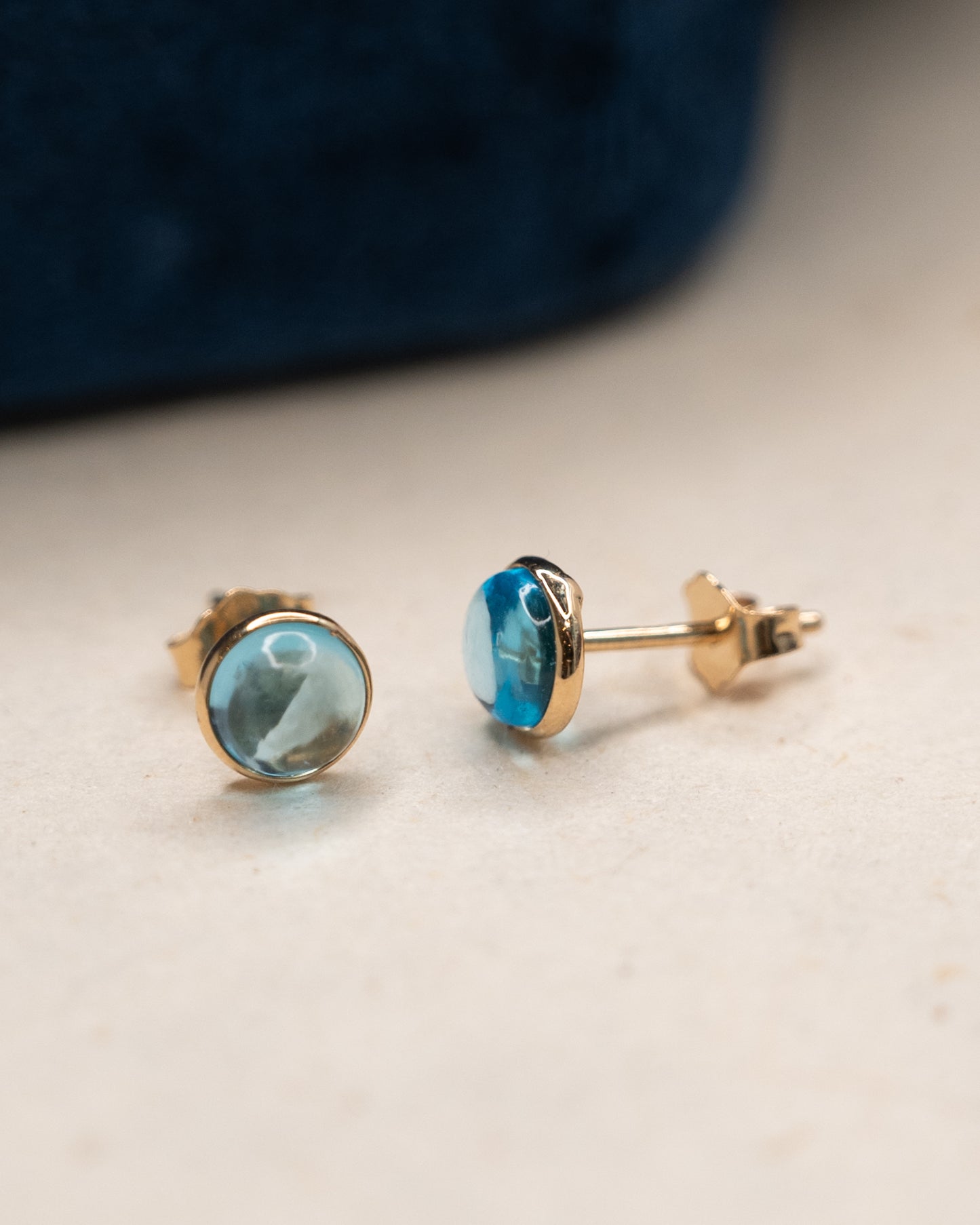 2.45 Cabochon Blue Topaz Stud Earrings 14k Yellow Gold