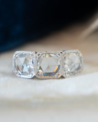 1.95 Antique Three Stone Rose Cut Diamond Engagement Ring 18k
