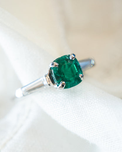 1.12 Vintage Cushion Emerald Engagement Ring Platinum