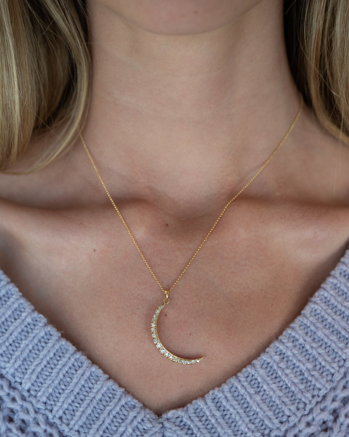 .78 Antique Diamond Crescent Moon Pendant Necklace 14k