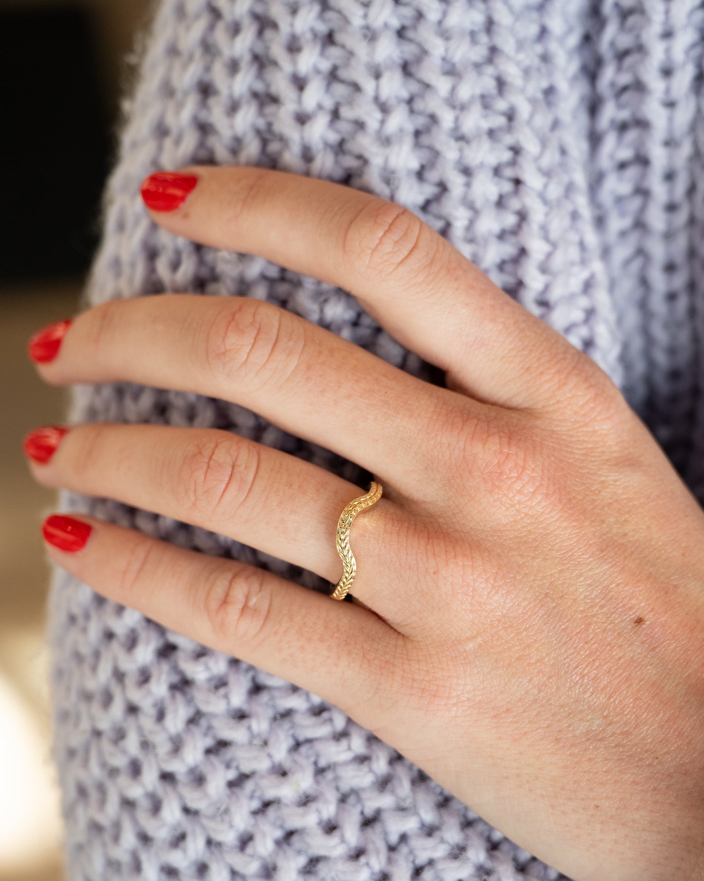 Wheat Engraved Contour Wedding Band 14k Yellow Gold