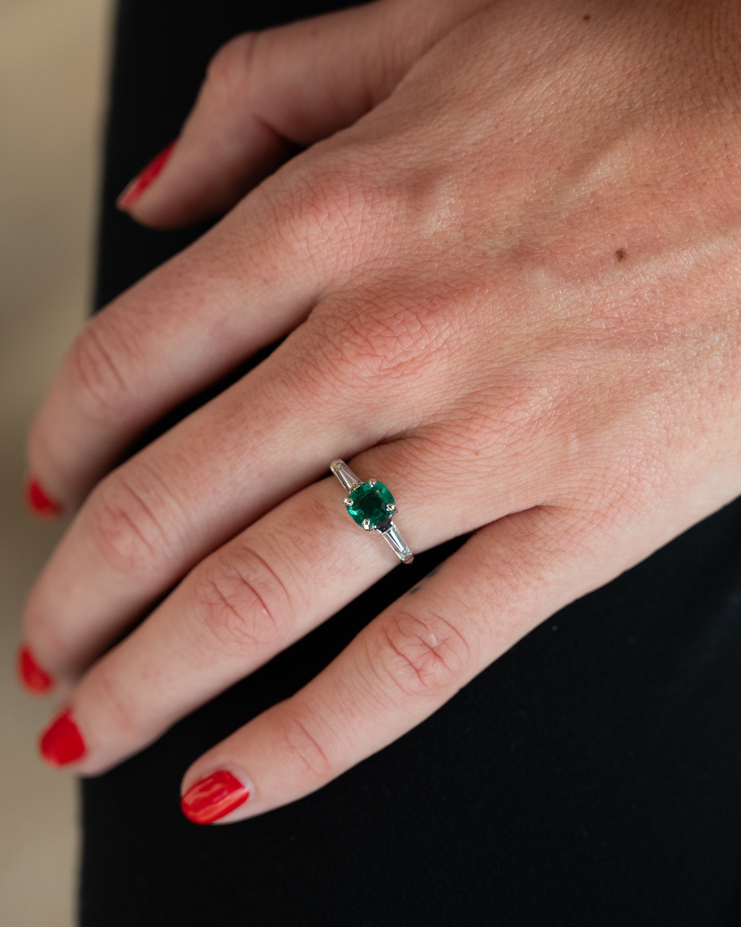 1.12 Vintage Cushion Emerald Engagement Ring Platinum