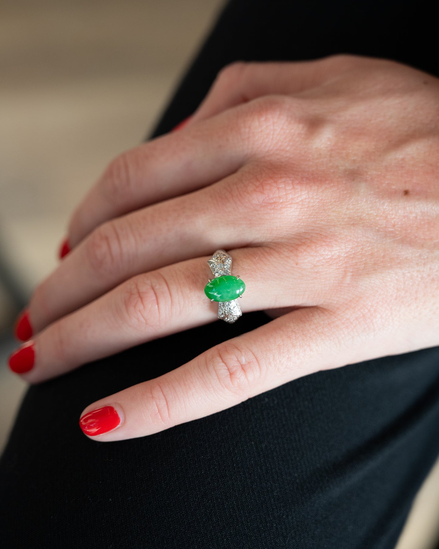 1.50 Antique Green Jadeite Cocktail Ring in Platinum
