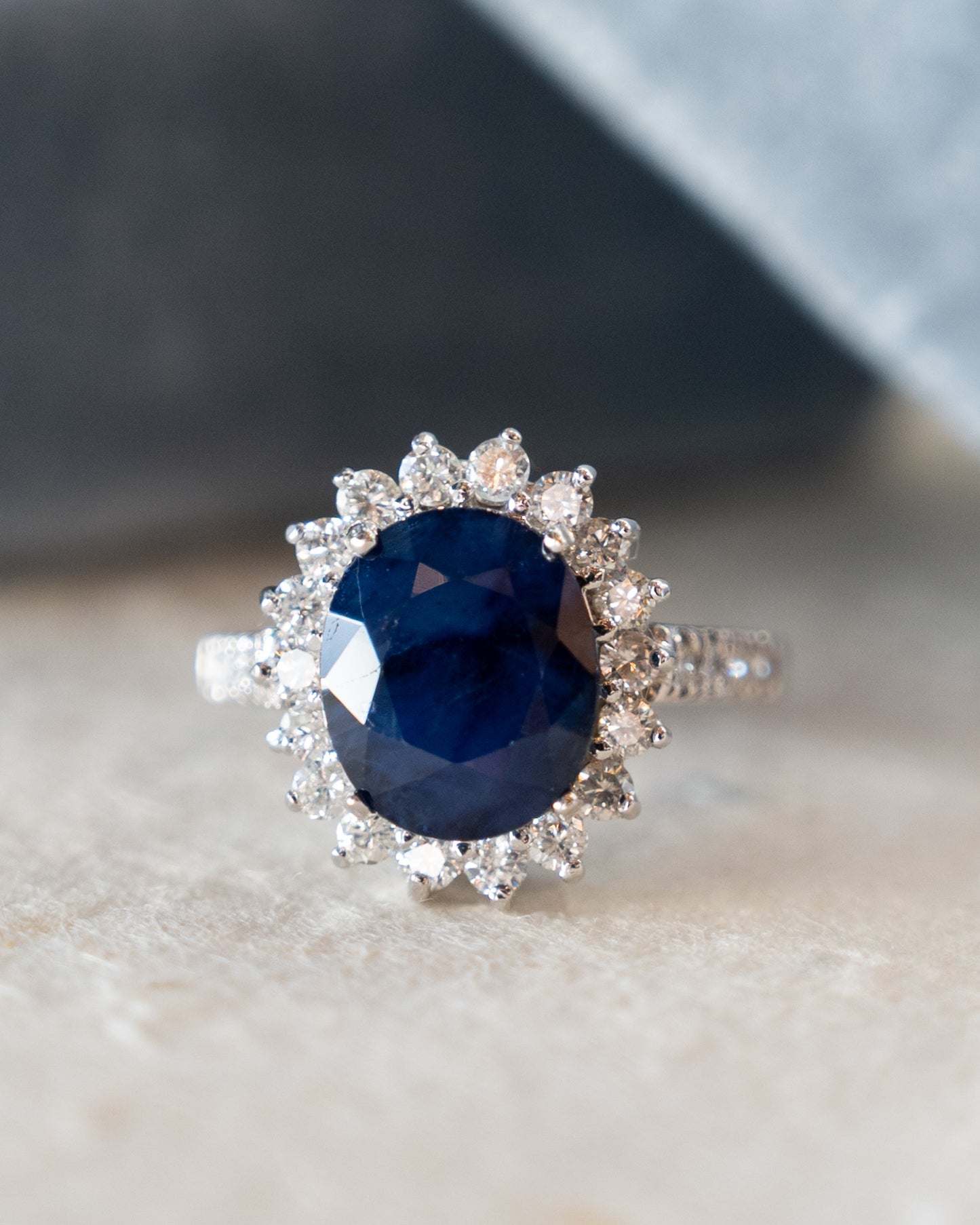 4.80 Oval Sapphire Halo Cocktail Ring 14k White Gold