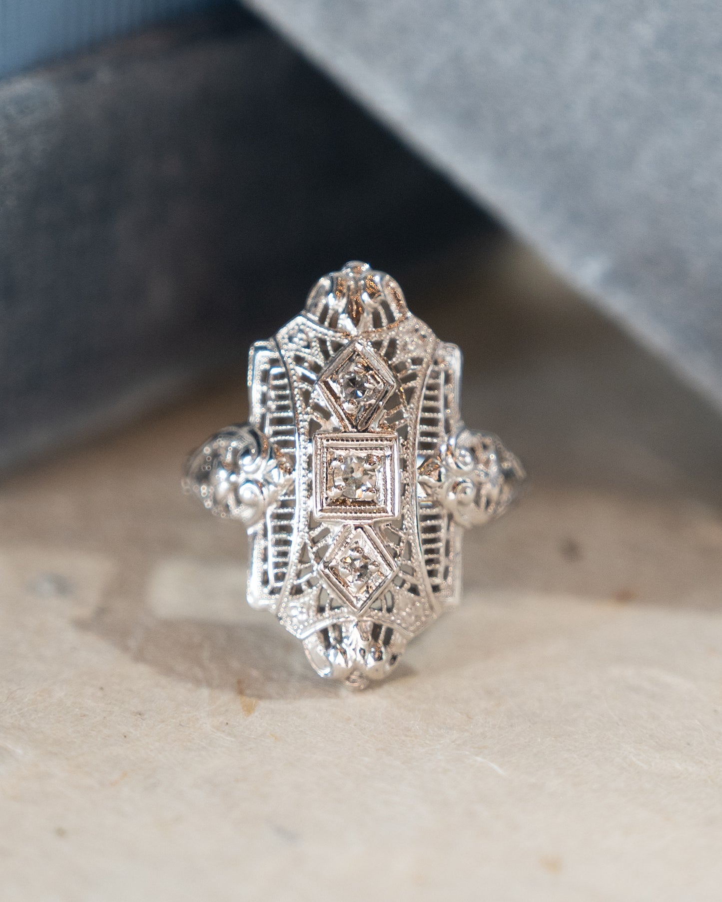 .10 Antique Deco Diamond Navette Cocktail Ring 18k