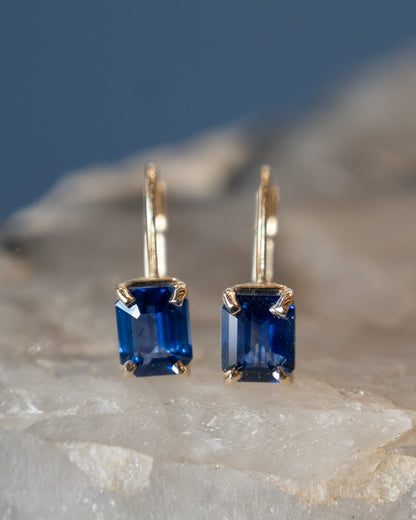 2.18 Emerald Cut Sapphire Drop Earrings 14k
