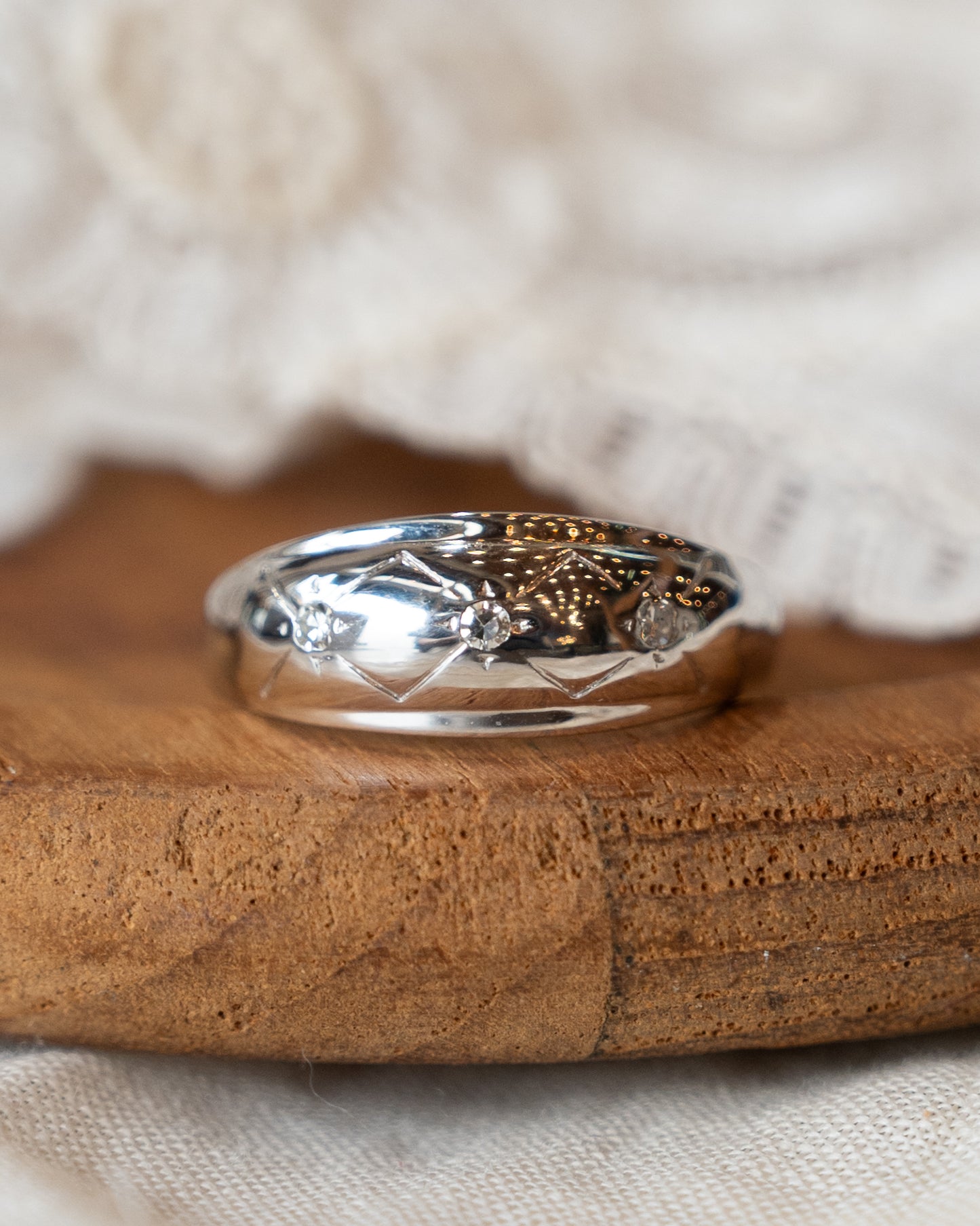 .09 Vintage Diamond Three Stone Ring 14k White Gold