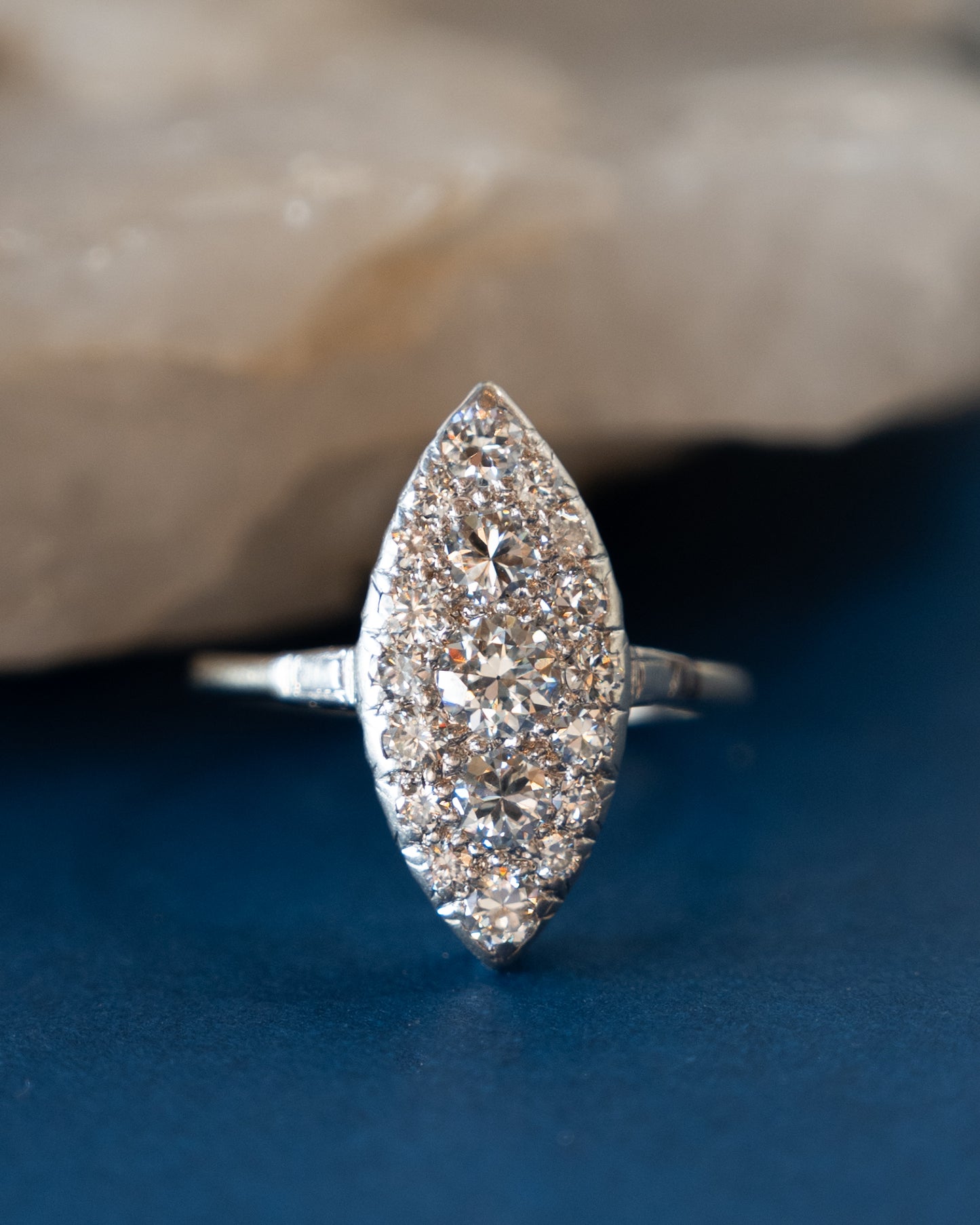 1.60 Vintage Deco Navette Cocktail Ring Platinum/14k