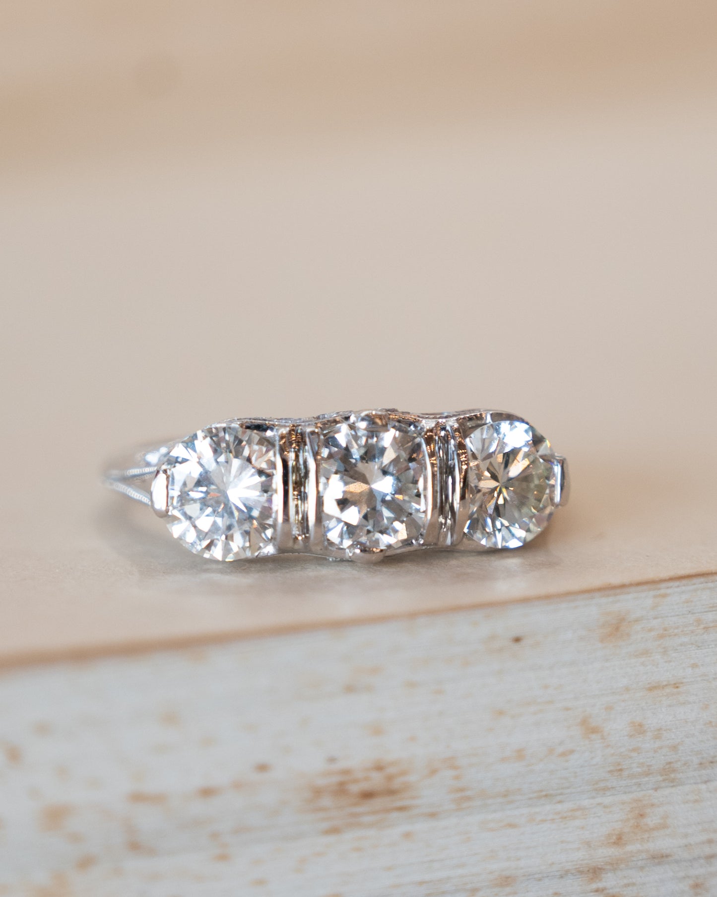 2.31 Vintage Art Deco Three Stone Engagement Ring 18k