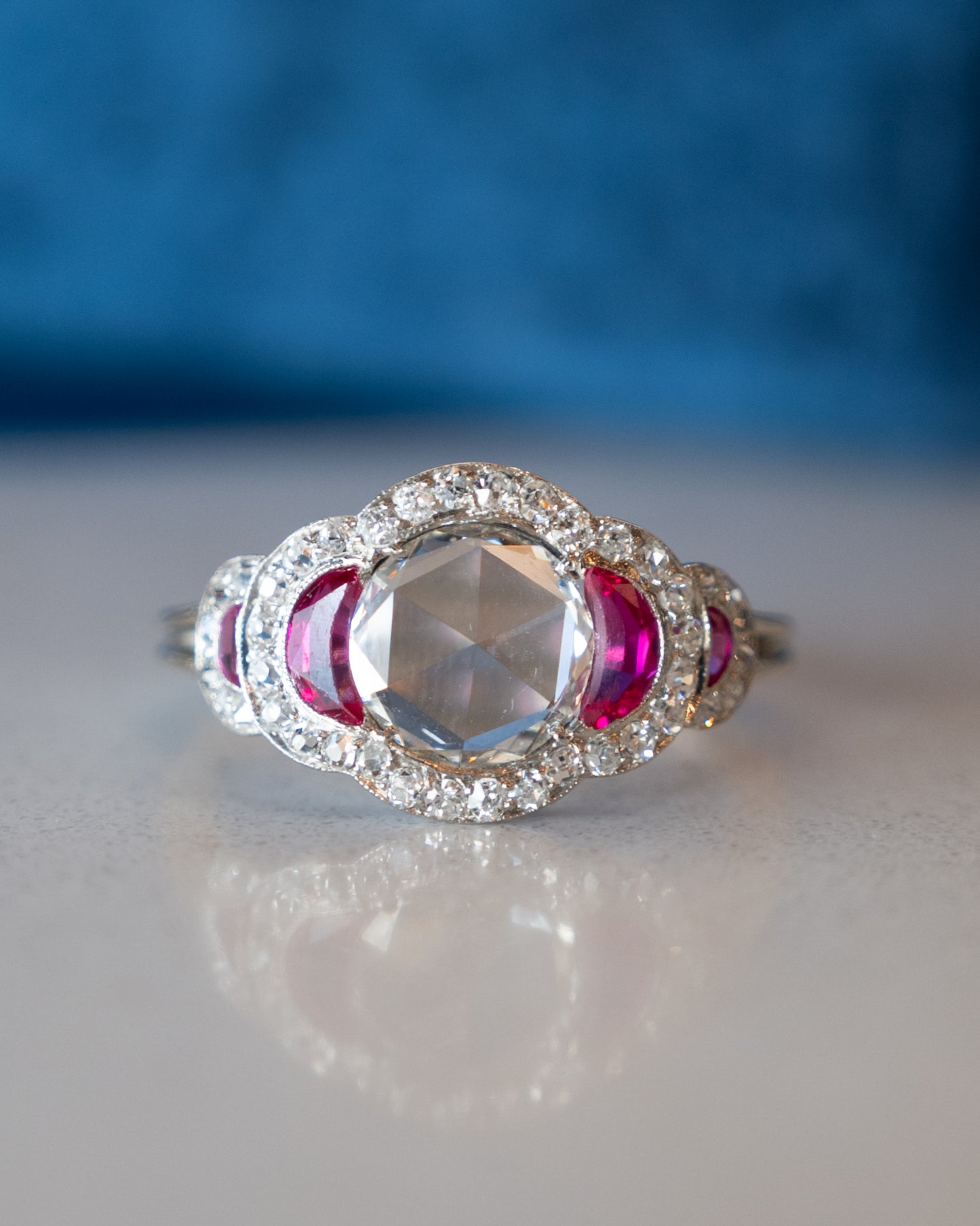 .75 Rose Cut Diamond & Ruby Engagement Ring Platinum