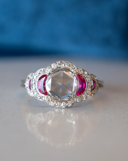 .75 Rose Cut Diamond & Ruby Engagement Ring Platinum