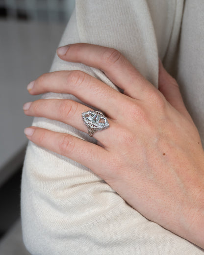2.07 Art Deco Aquamarine Cocktail Ring 14k White Gold