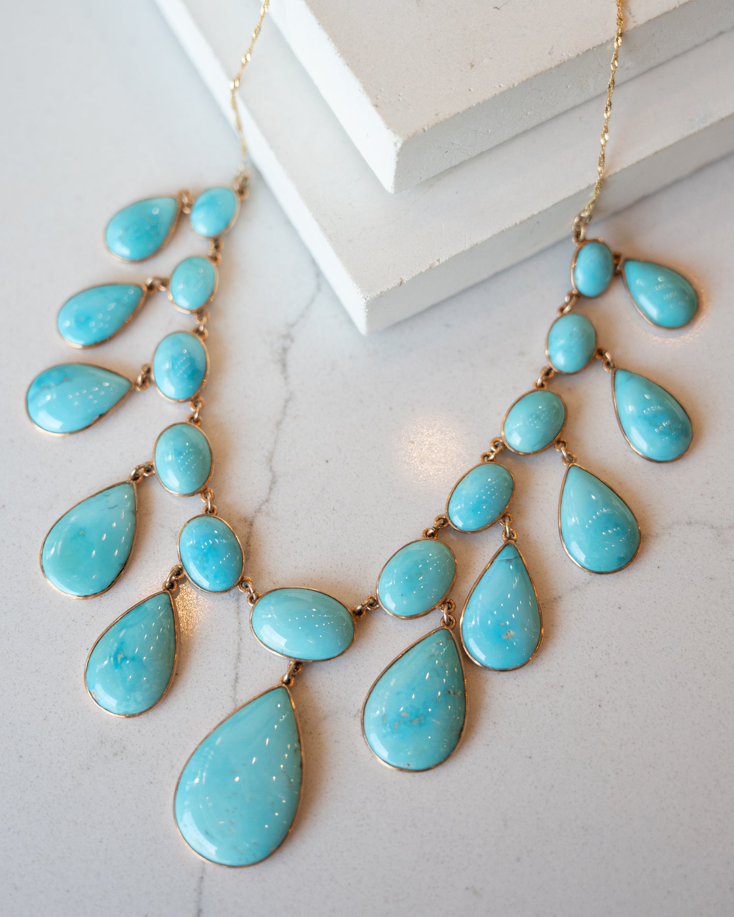 Pear & Cabochon Turquoise Statement Necklace in 14/18k