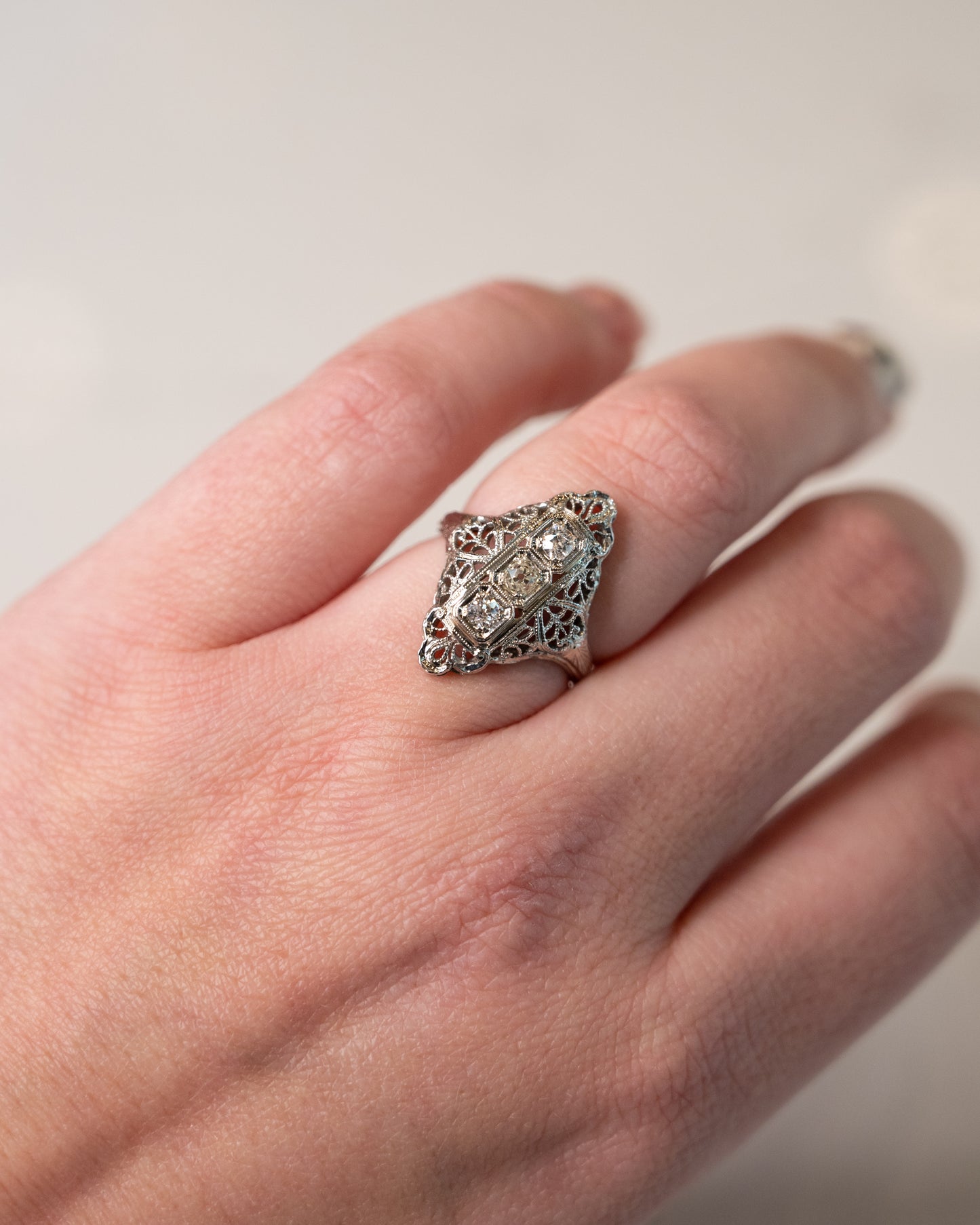 .39 Antique Deco Diamond Filigree Cocktail Ring 18k