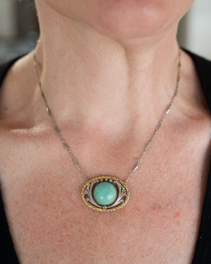 Antique Art Deco Turquoise Pendant Necklace in 14/18k