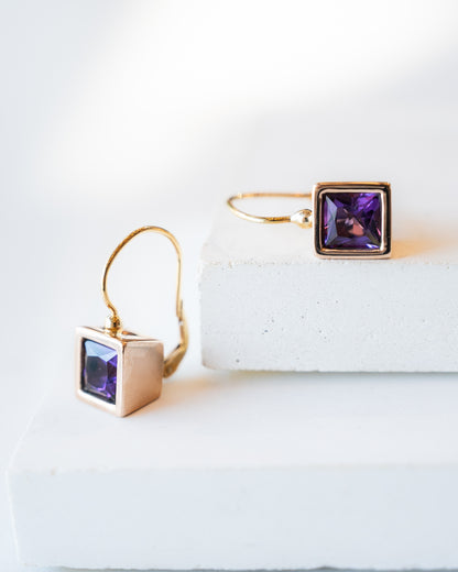 7 Carat Square Amethyst Bezel Dangle Earrings in 14k