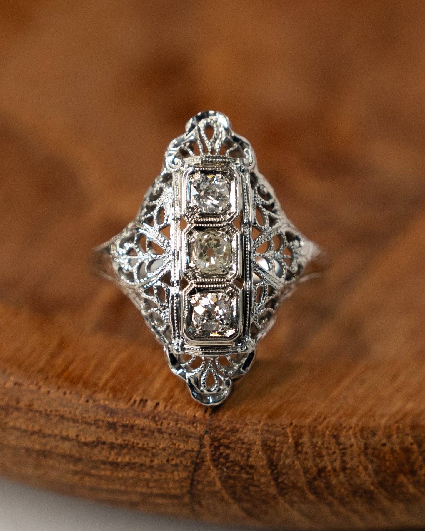 .39 Antique Deco Diamond Filigree Cocktail Ring 18k
