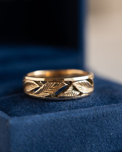 Vintage Mens Leaf Wedding Band 14k Yellow Gold