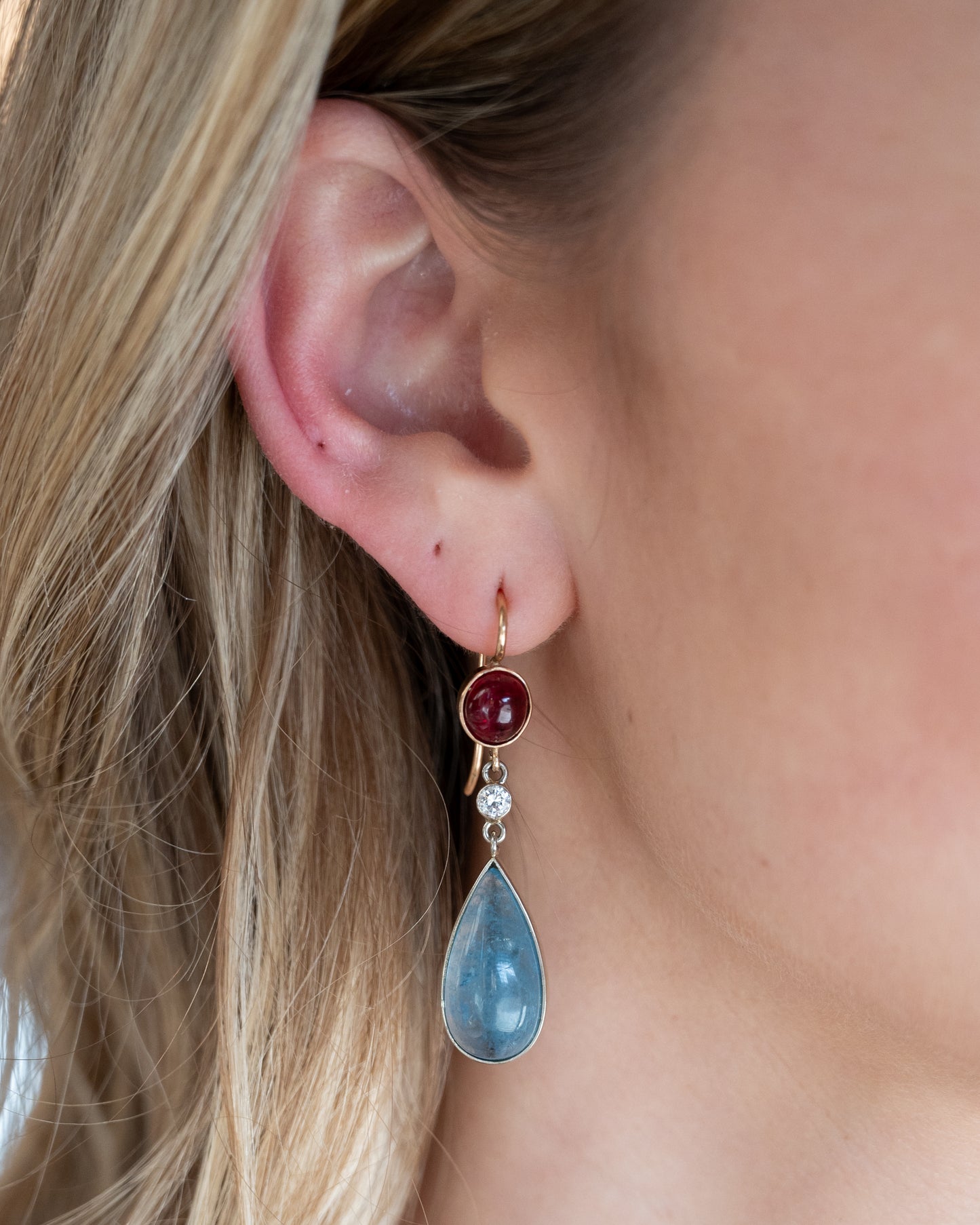 21.94 Aquamarine, Ruby, Diamond Dangle Earrings 14k