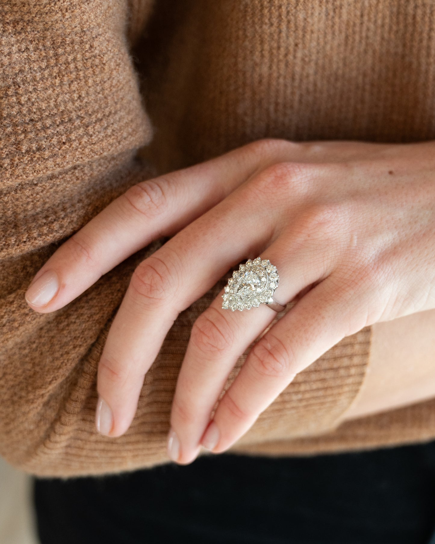 .90 Vintage Pear Diamond Halo Cocktail Ring Platinum