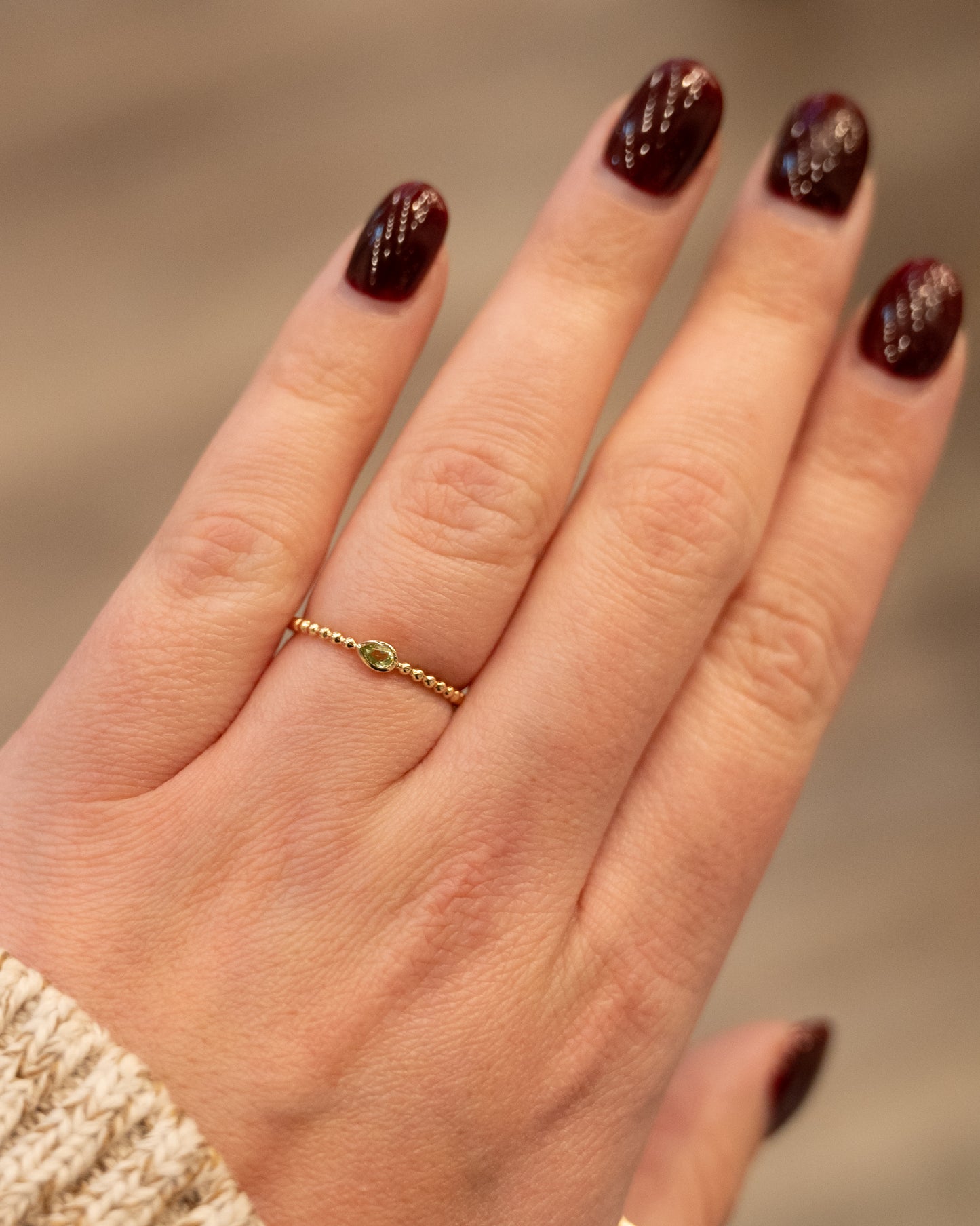 .10 Pear Cut Peridot Stacking Ring 14k Yellow Gold