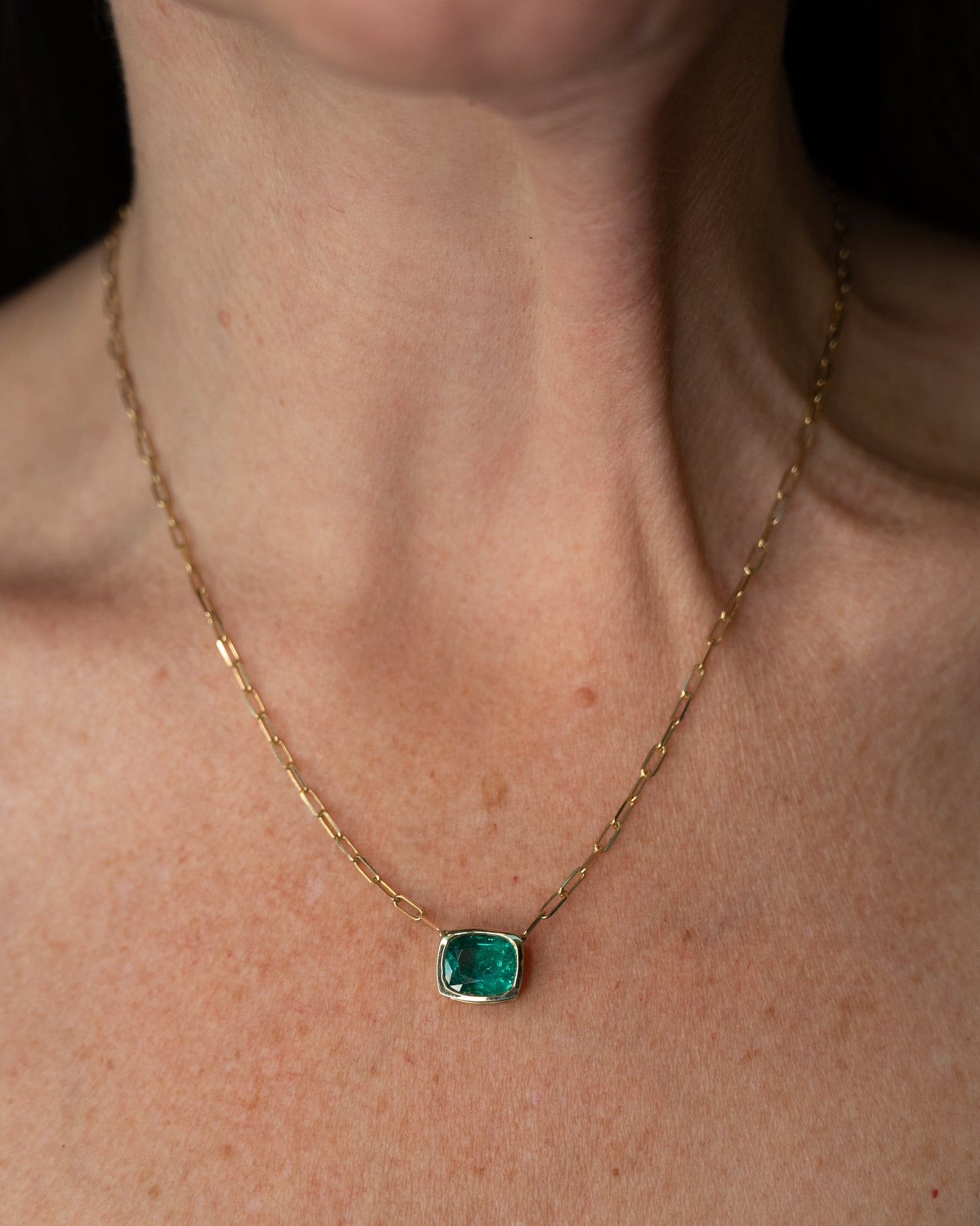 3.43 Cushion Emerald Pendant Necklace 14k Yellow Gold