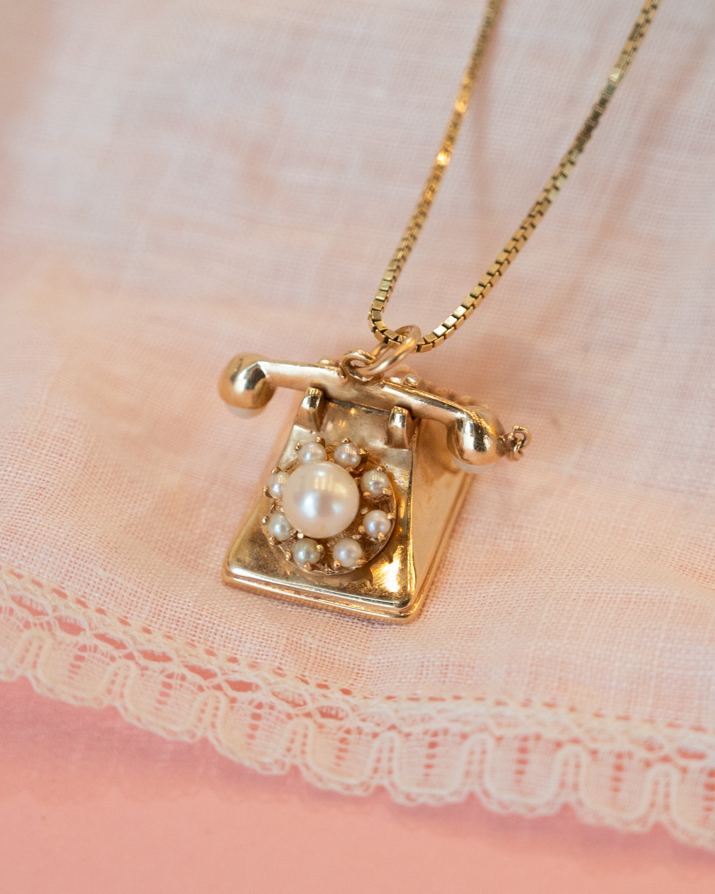 Vintage Mid-Century Pearl Rotary Phone Charm 14K Yellow Gold