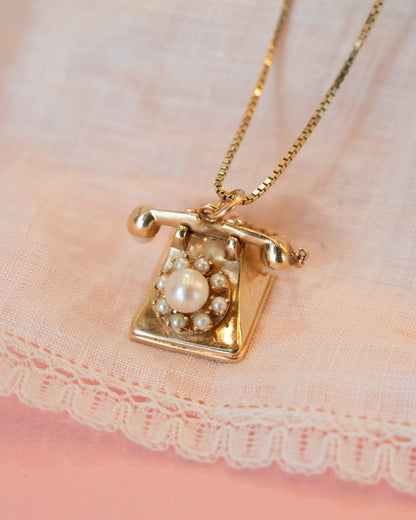 Vintage Mid-Century Pearl Rotary Phone Charm 14K Yellow Gold