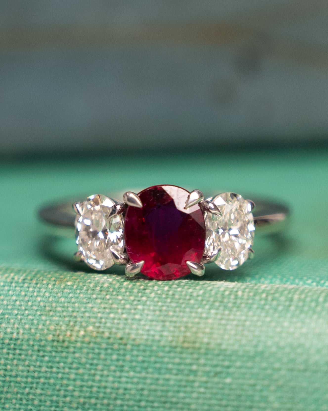1.48 Ruby & Diamond Three Stone Ring 18k White Gold