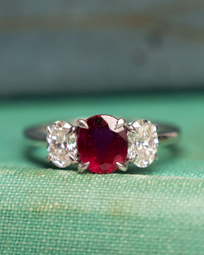 1.48 Ruby & Diamond Three Stone Ring 18k White Gold