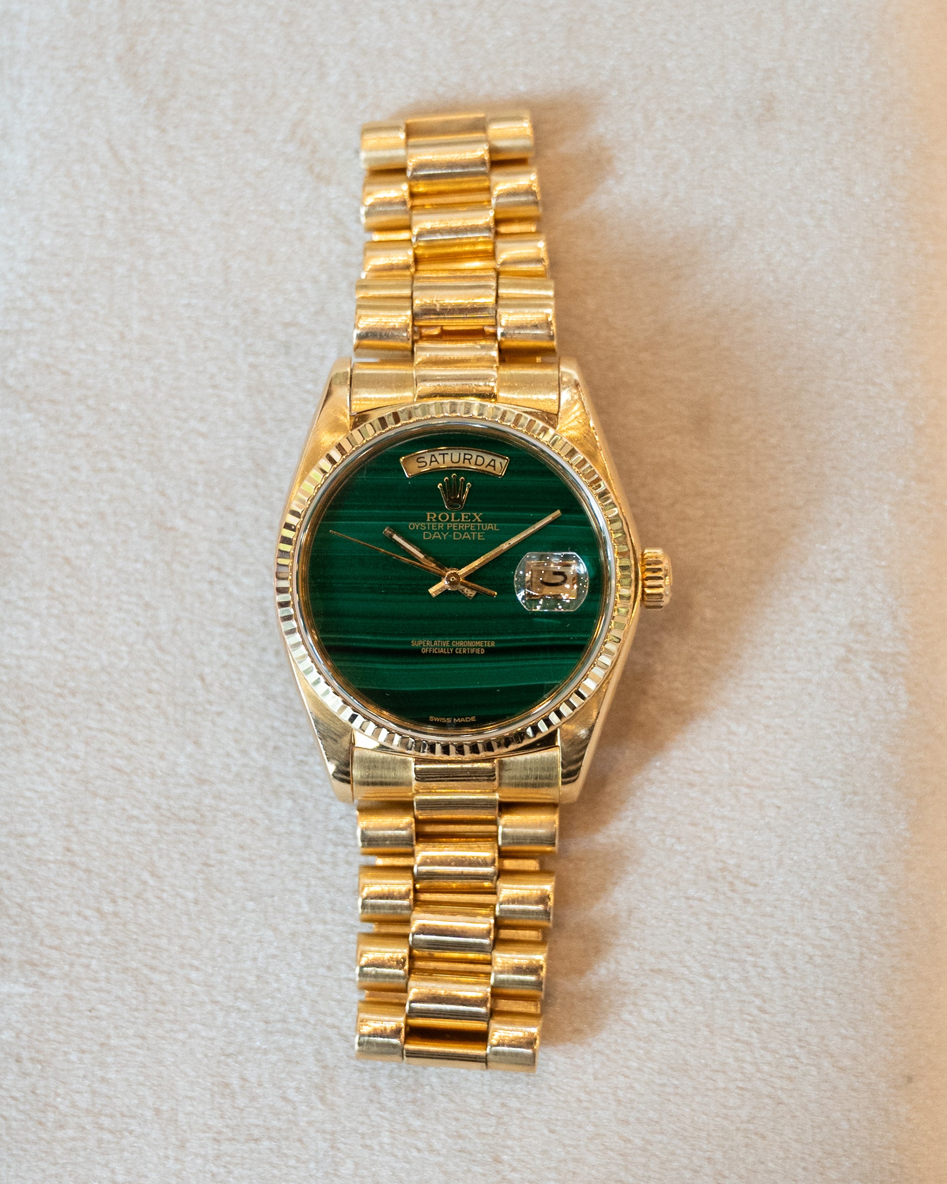 Rolex President Day-Date Malachite Dial 18k Yellow Gold – Filigree