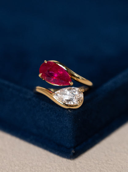 Diamond & Ruby Toi Et Moi Cocktail Ring 18k Yellow Gold