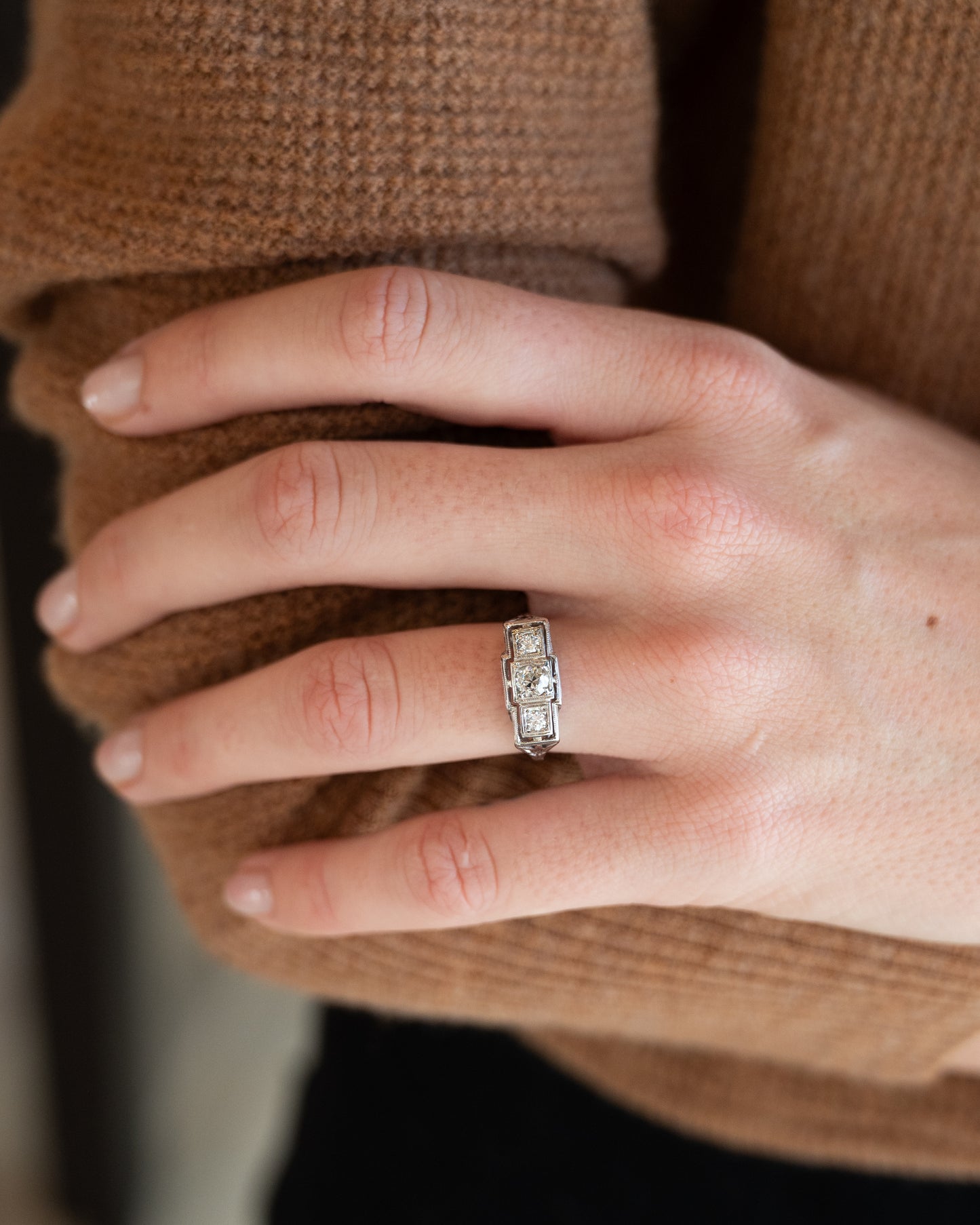 .47 Vintage Art Deco Three Stone Engagement Ring 18k