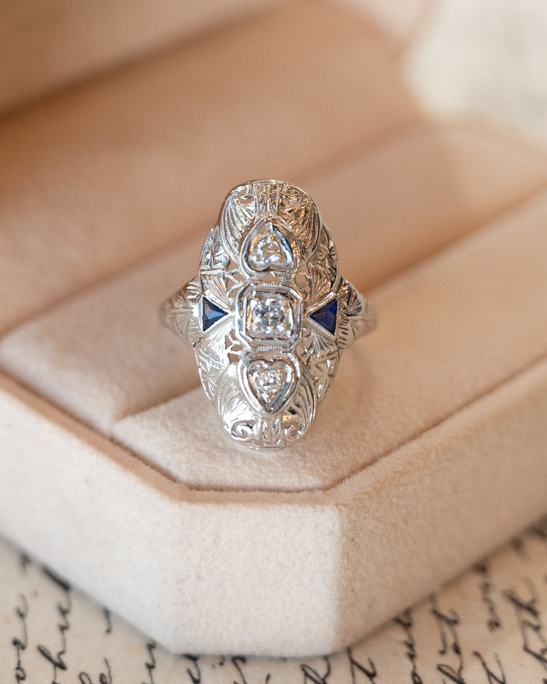 18 Antique Deco Diamond & Sapphire Navette Ring 18k – Filigree