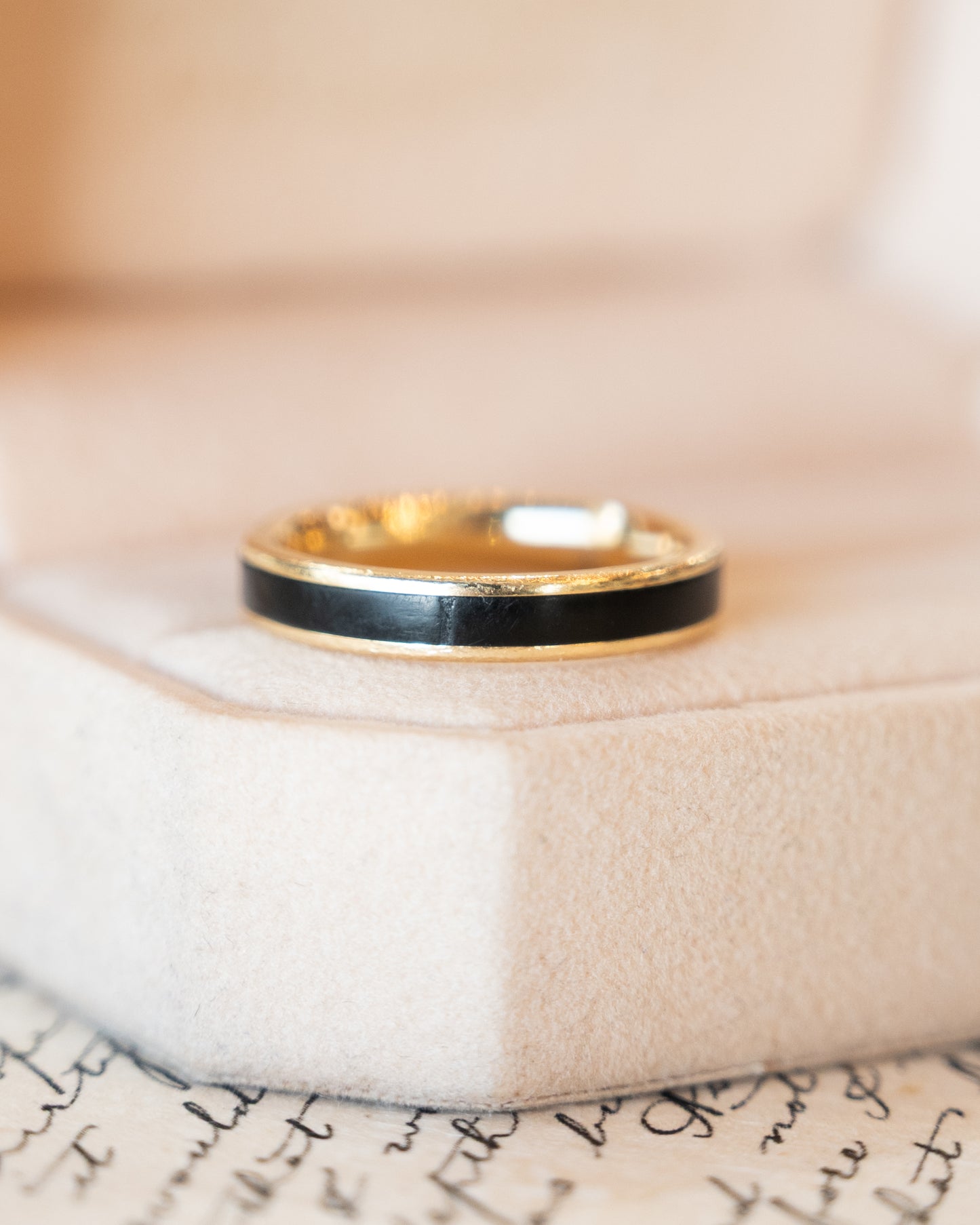 Mens Black Enamel Wedding Band in 18k Yellow Gold
