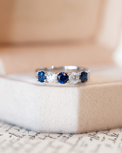 Sapphire & Diamond Five Stone Wedding Band 14k