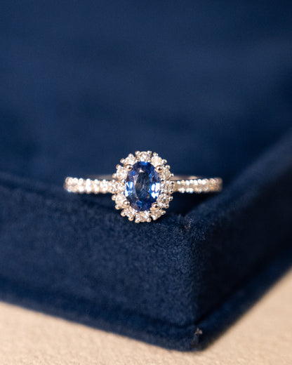 .57 Oval Blue Sapphire Halo Engagement Ring 14k