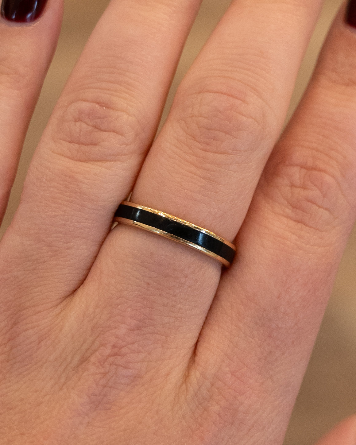 Mens Black Enamel Wedding Band in 18k Yellow Gold