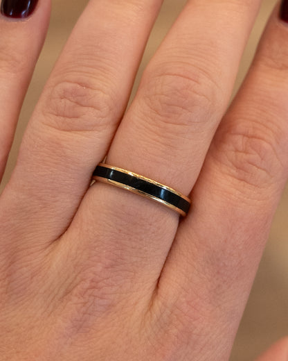 Mens Black Enamel Wedding Band in 18k Yellow Gold