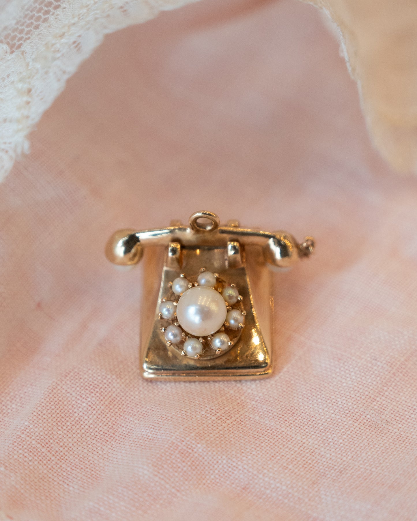 Vintage Mid-Century Pearl Rotary Phone Charm 14K Yellow Gold