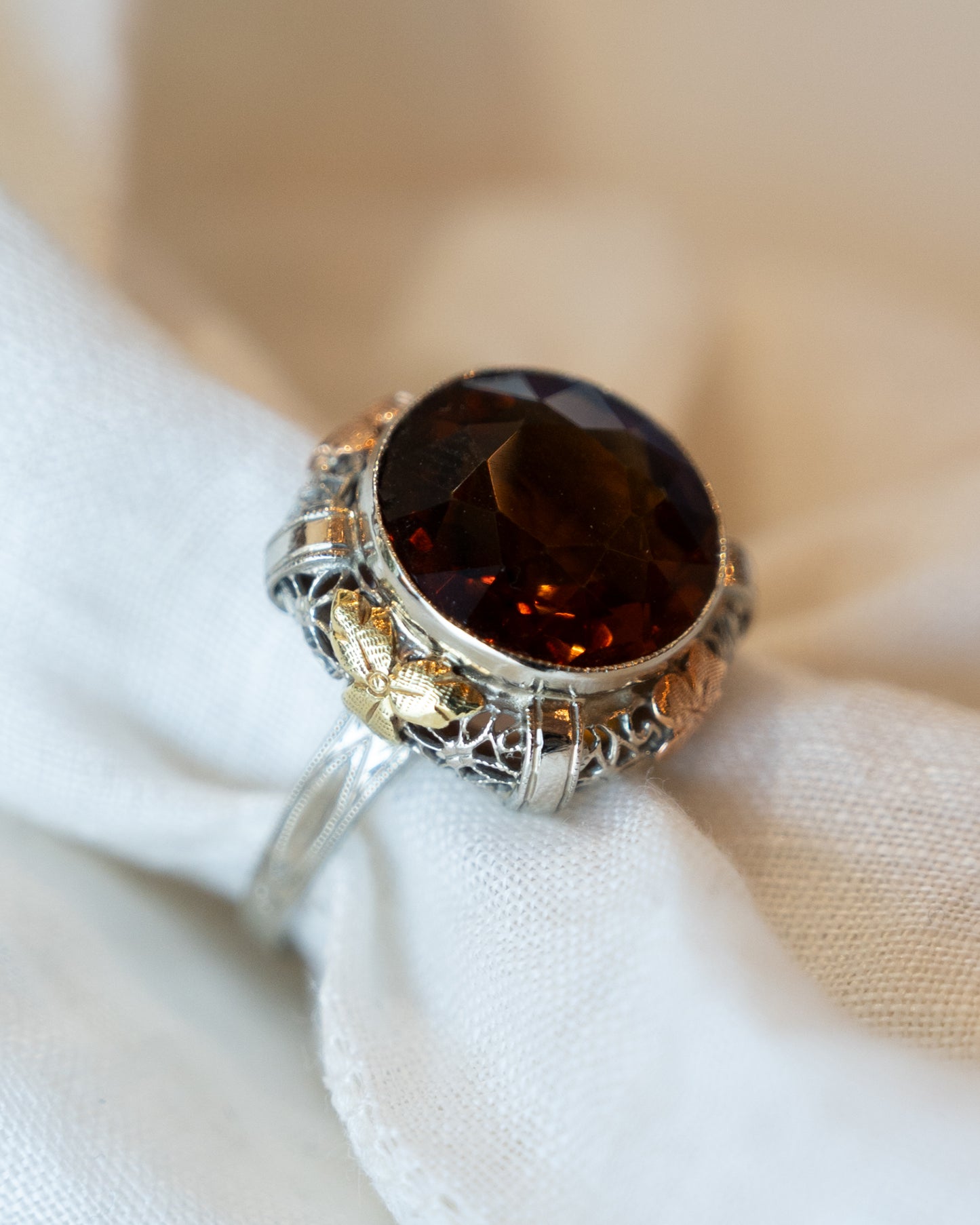 5.56 Antique Art Deco Citrine Cocktail Ring in 14k